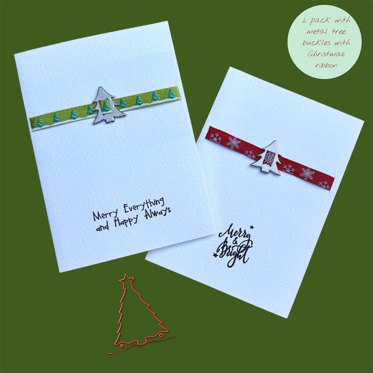 Christmas cards, pack of 2 with silver trees and ribbons, open greeting messages