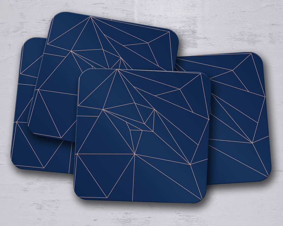 Set of 4 Navy Blue with Rose Gold Geometric Design Coasters
