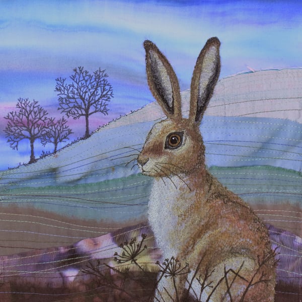 Hilltop Hare framed print, embroidered textile art