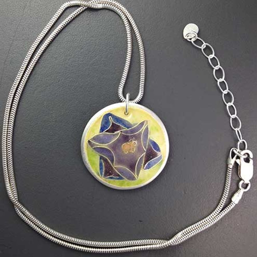 Crocus flower enamel and silver pendant