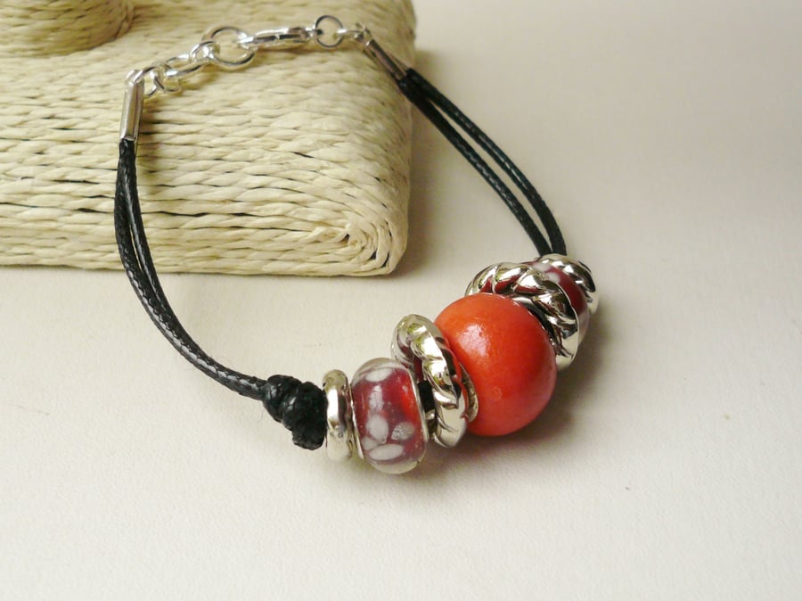 Rusty Red and Silver Rondelle Bead Black Twin Cord Bracelet   KCJ1767