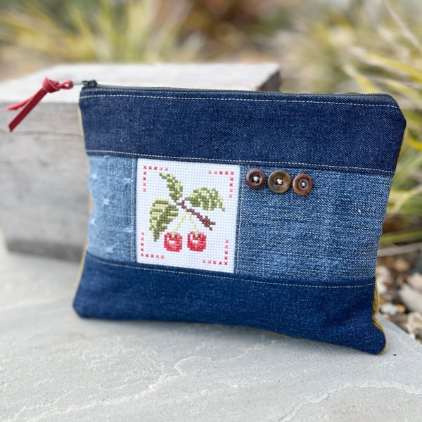 Cherry cross stitch velvet and denim pouch