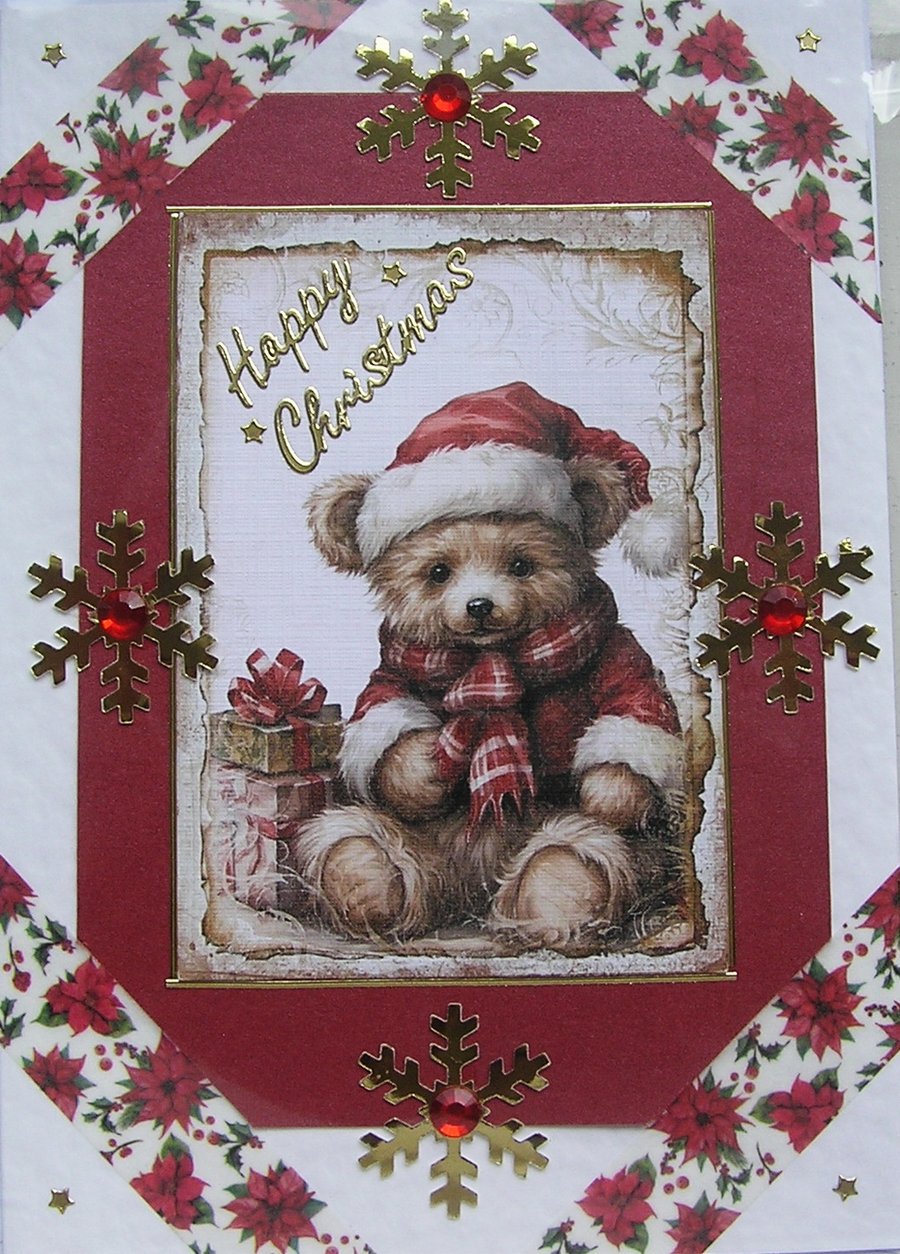 Hand Crafted Decoupage Chistmas Card - Happy Christmas (2982) - Teddy Bear