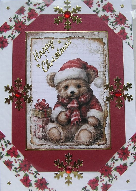 Hand Crafted Decoupage Chistmas Card - Happy Christmas (2982) - Teddy Bear
