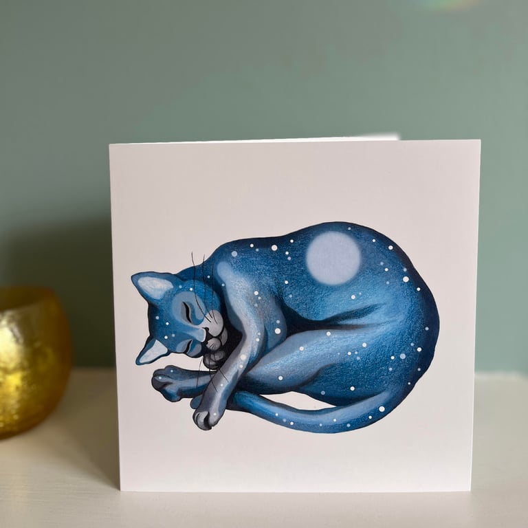 Cat greeting card - Lunar Cat Dreaming, sleeping cat art card