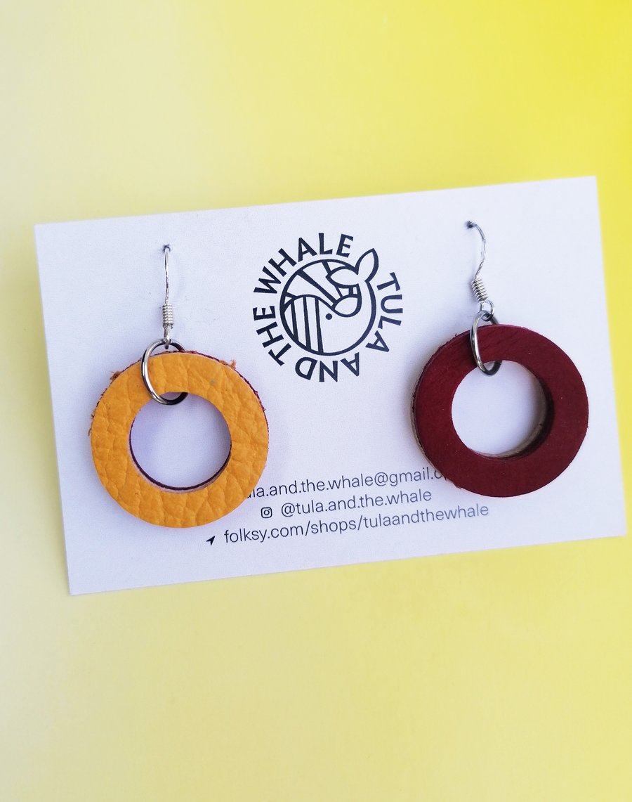 Colour Duo Leather Hoop Earrings - Red & Yellow Mini
