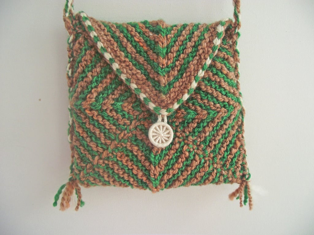 Small Knitted Lined Boho Hobo or Crossbody Purse, Brown Green Cream 