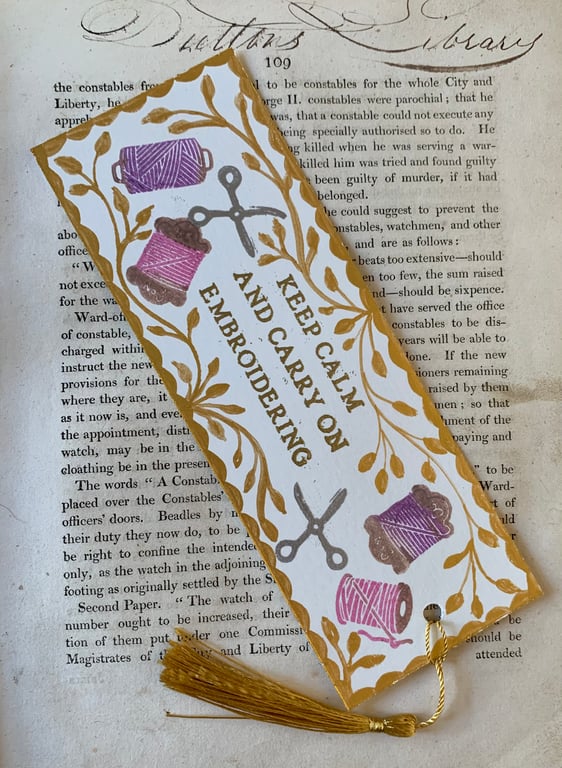 Keep Calm and Carry On Embroidering Hand Made Bookmark