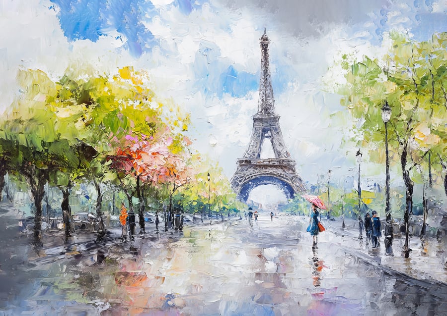 Eiffel Tower Stroll 5"x7" Print on Matte Paper, Parisian Rainy Day Oil Painting