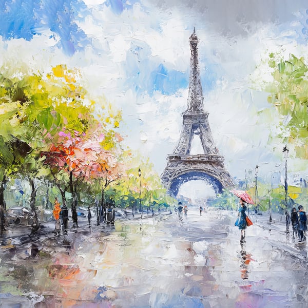 Eiffel Tower Stroll 5"x7" Print on Matte Paper, Parisian Rainy Day Oil Painting
