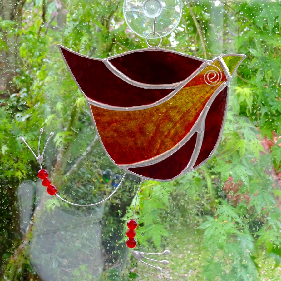 Stained Glass Funky Bird Suncatcher  - Red and Orange  