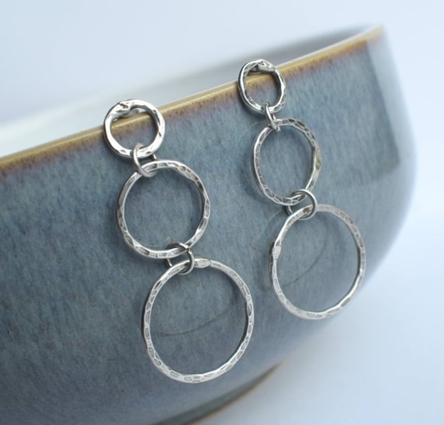 Hammered Silver Triple Hoop Earrings 