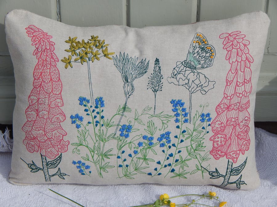  Butterfly and Wildflower Beige Cotton Cushion  Screen printed