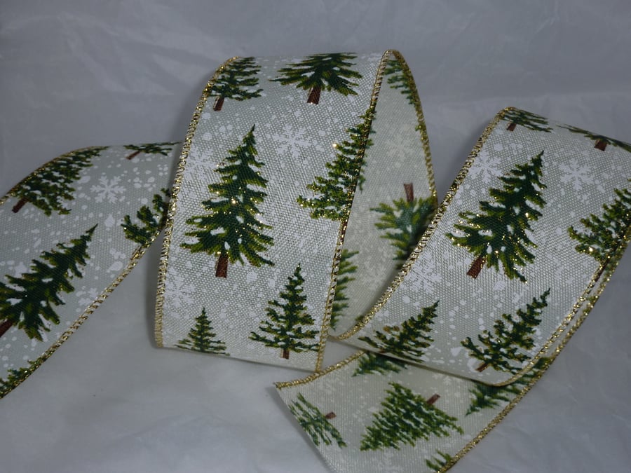 1 Metre Wire Edged Christmas Ribbon 63mm Cream Green Pine Xmas Tree