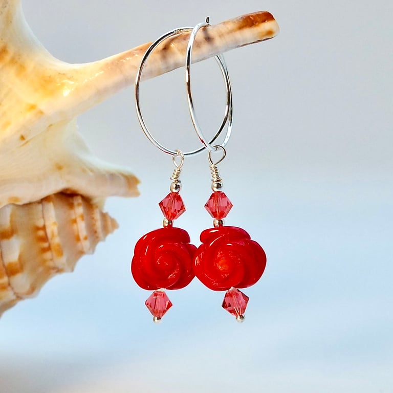 Coral Rose Hoop Earrings, Anniversary, Birthday, Valentine, Mother's Day Gift