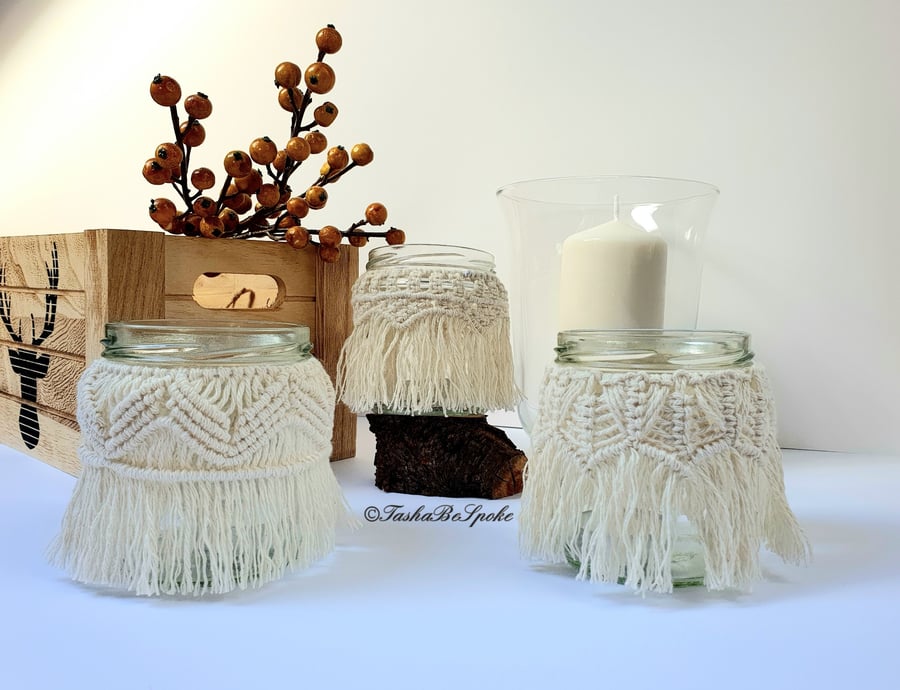 Macrame cover jar, Macrame candle holder, Macrame vase, Rustic Wedding Decor