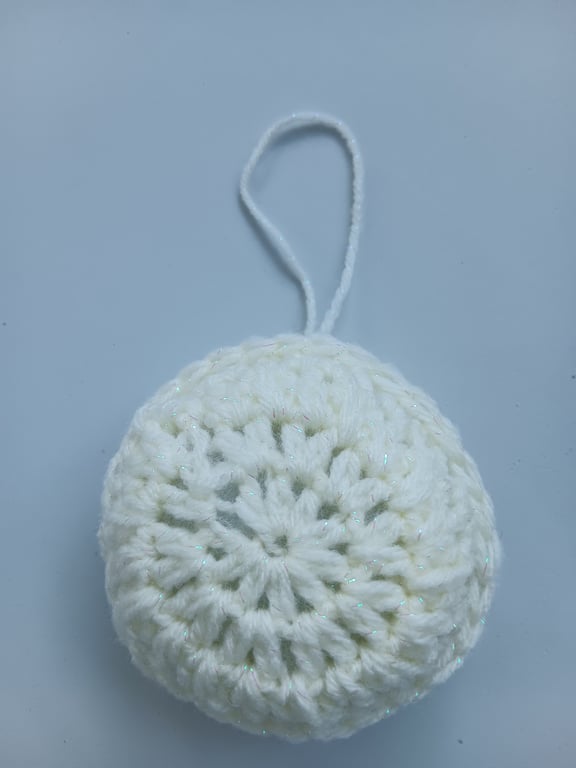 Crochet Christmas Bauble (White Glitter) - festive decoration