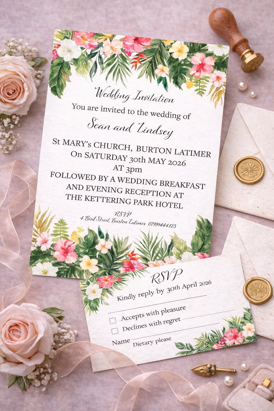 Tropical Floral Wedding Stationery Set  Invitation, RSVP and Handmade Envelopes 