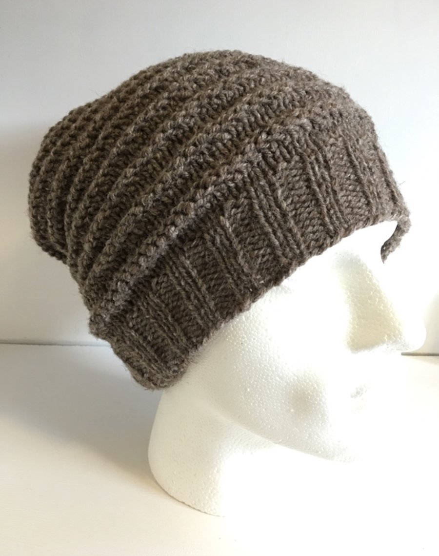 Slouchy Beanie Hat for Men, Guys Chunky Brown Hand knit Wool Hat 
