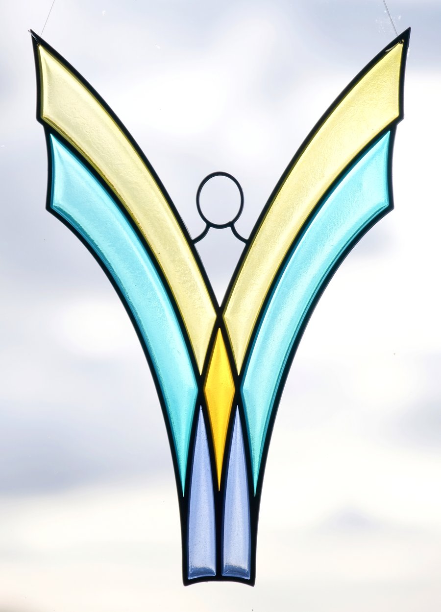 Angel suncatcher - hand made stained glass design in blue tinted resin.