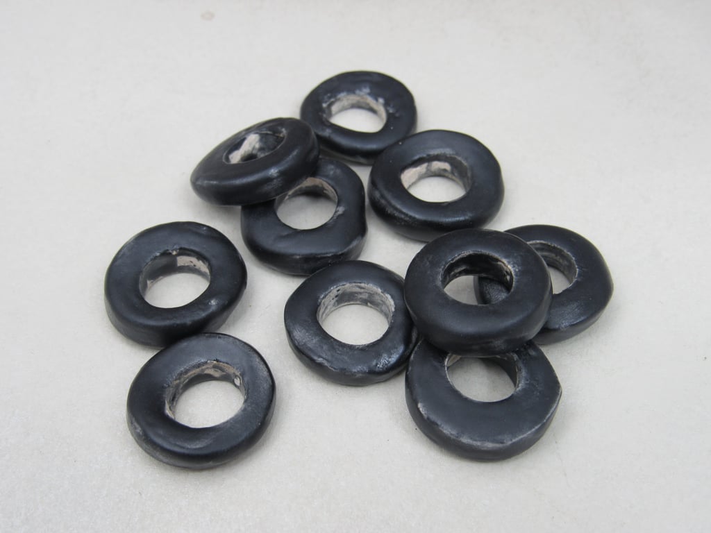 10 Medium Coal Black Glazed Ceramic Donut Beads