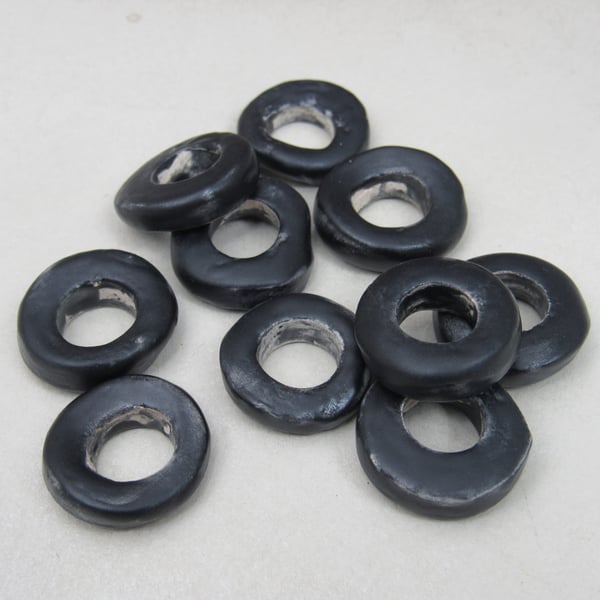 10 Medium Coal Black Glazed Ceramic Donut Beads