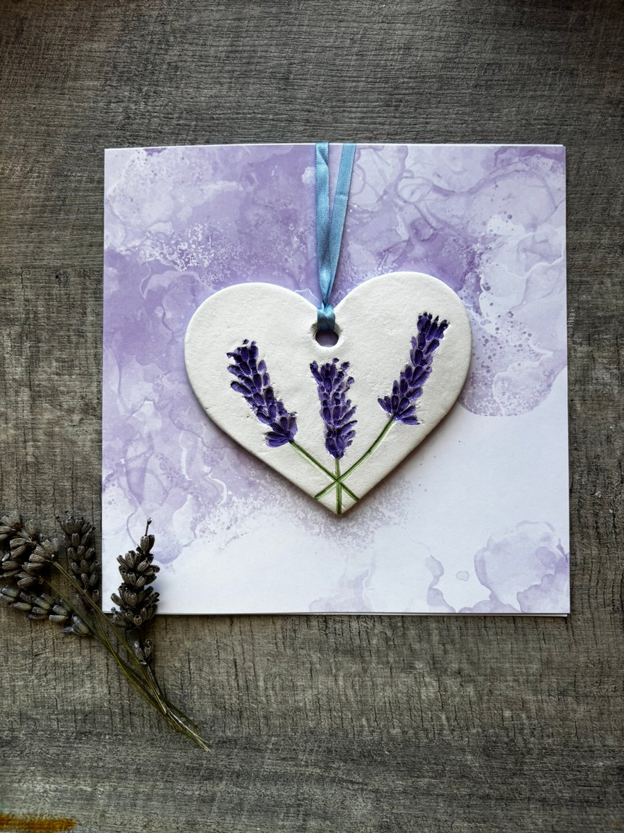 Lavander clay heart card- detachable hanging decoration