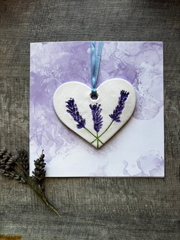 Lavander clay heart card- detachable hanging decoration