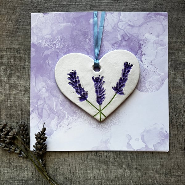 Lavander clay heart card- detachable hanging decoration