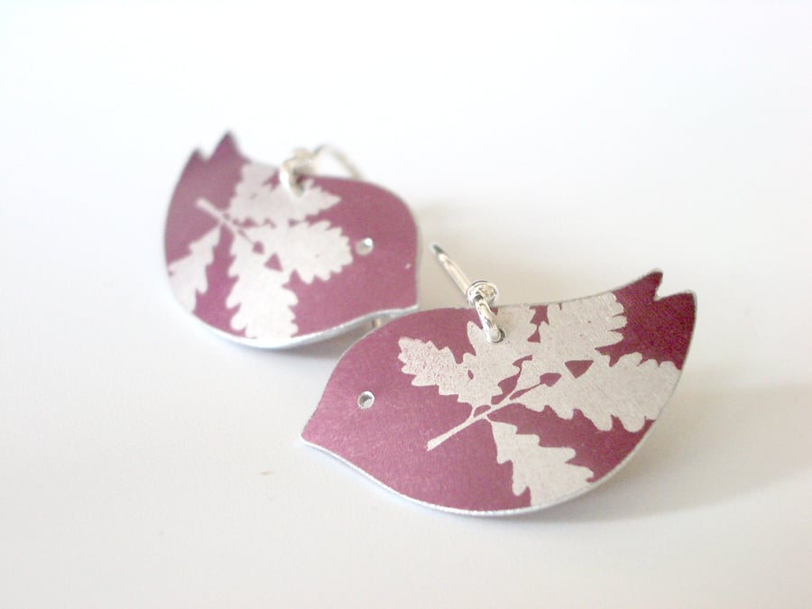 Bird earrings in plum with oak leaf print