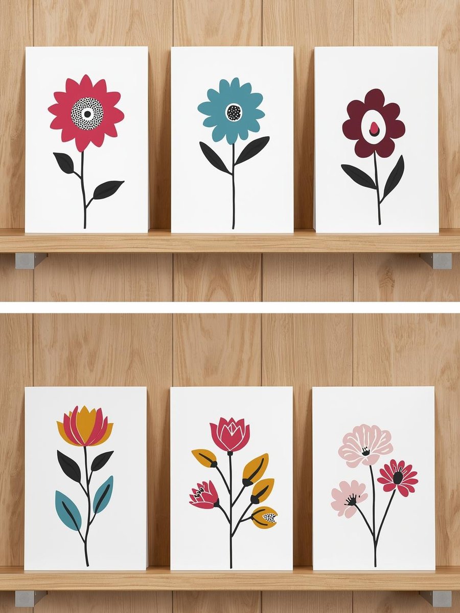Pack of 6 - Retro Flowers - A6 White Linen Note Card & Envelope Set