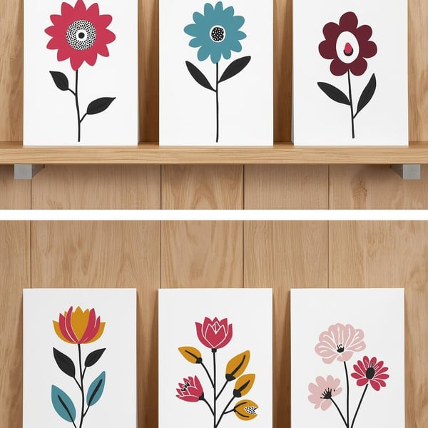 Pack of 6 - Retro Flowers - A6 White Linen Note Card & Envelope Set