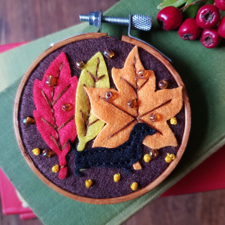 Autumn leaves and sausage dog- small wall hanging 
