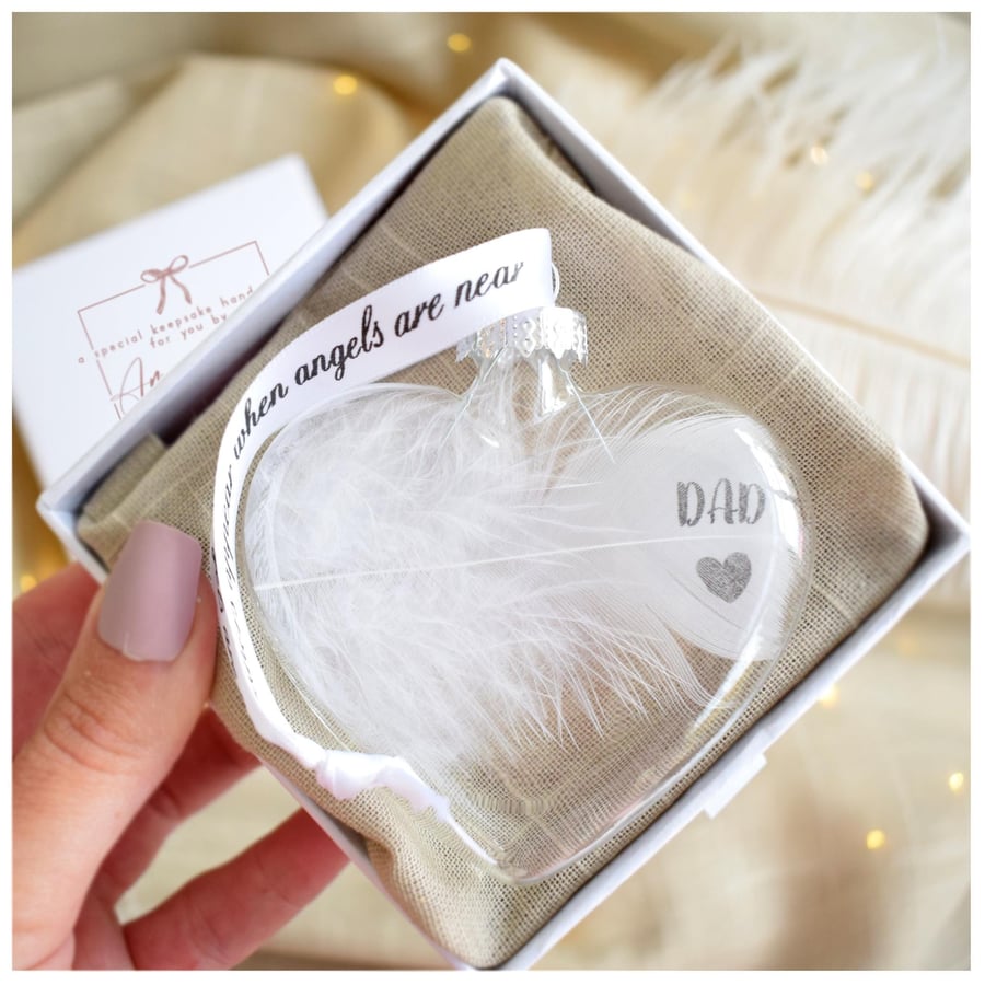 Image of Dad Memorial Feather Bauble, In Memory of Dad, Heart Glass Christmas Ornament, R