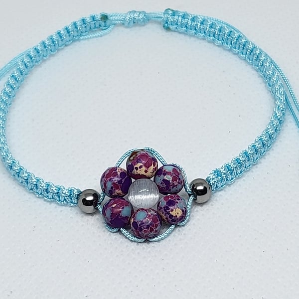 Icy Blue Natural Stone Flower Bracelet with Cats Eye Centre Adjustable