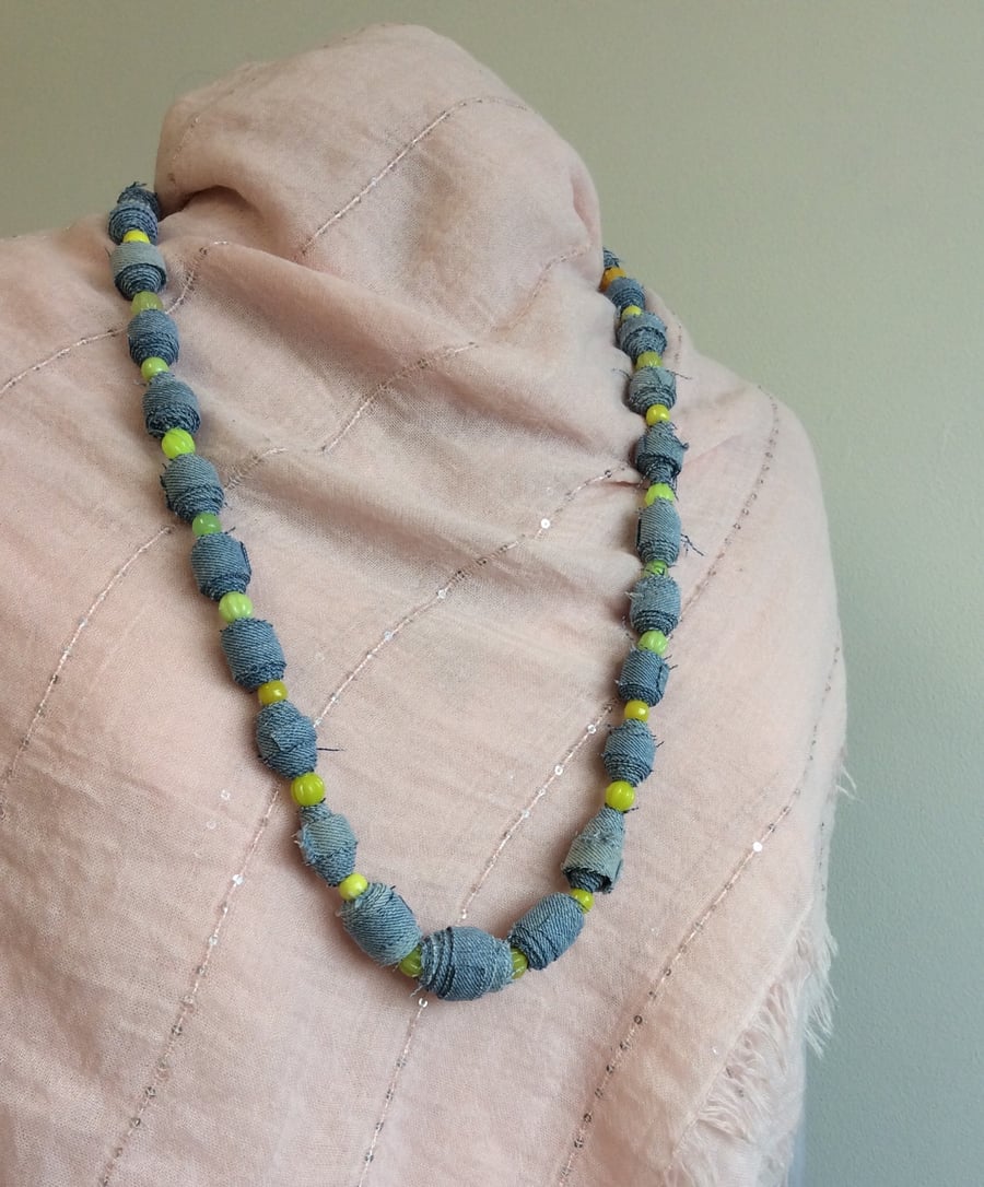 Necklace, handmade recycled denim  beads on yellow cord