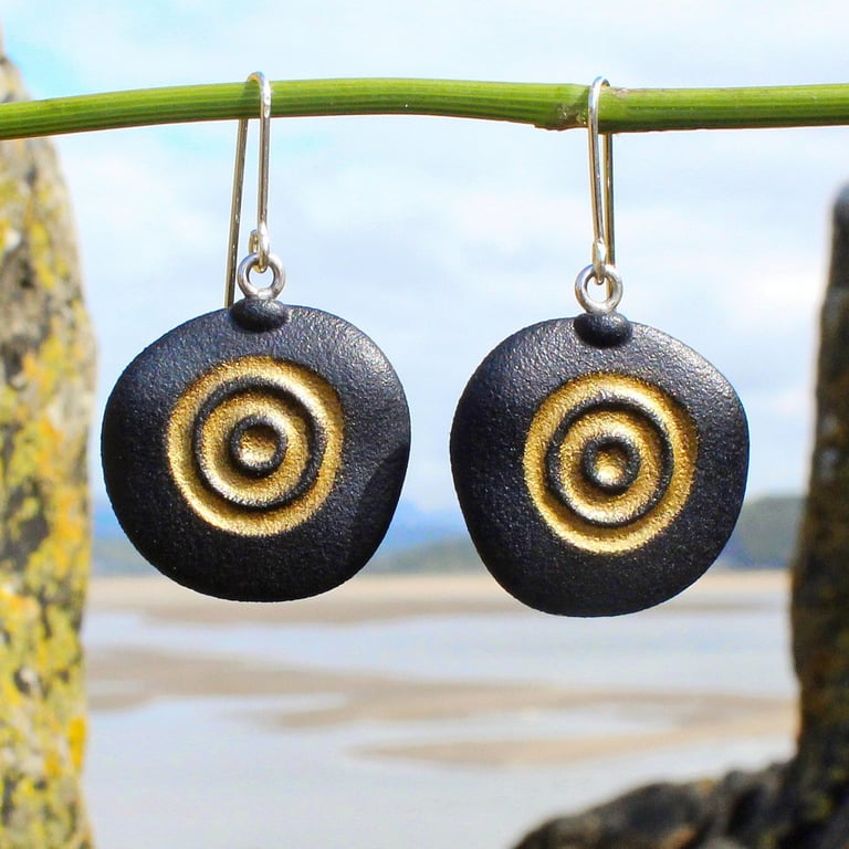 Black Pebble Earrings, Fossil. Nature inspired contemporary jewellery.