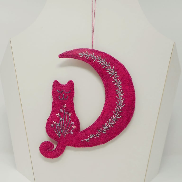 Hanging ornament, embroidered crescent moon and cat 