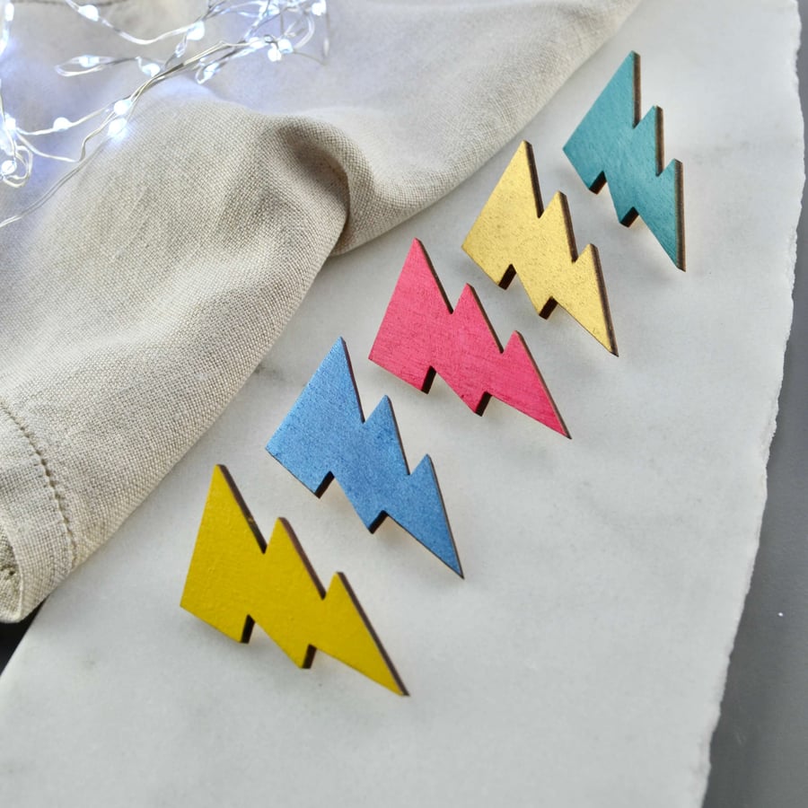 Colourful Wooden Lightning Bolt Brooch