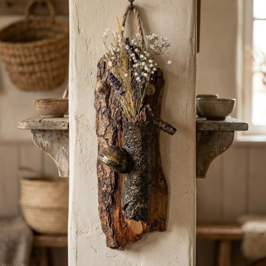 Tree Bark Wall Vase with Dried Flowers, Natural Wood Log Pocket with Mushroom