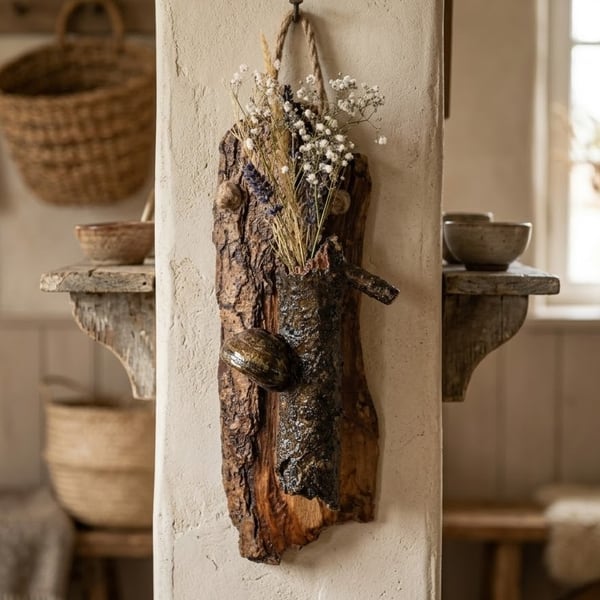 Tree Bark Wall Vase with Dried Flowers, Natural Wood Log Pocket with Mushroom