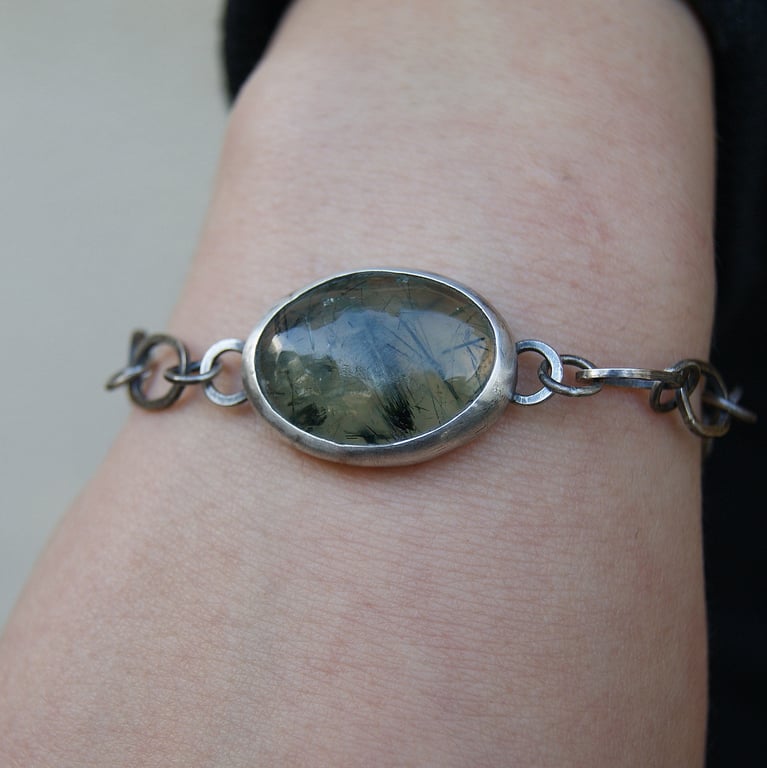 Prehnite Links Bracelet, Rustic Mixed Metal Bracelet