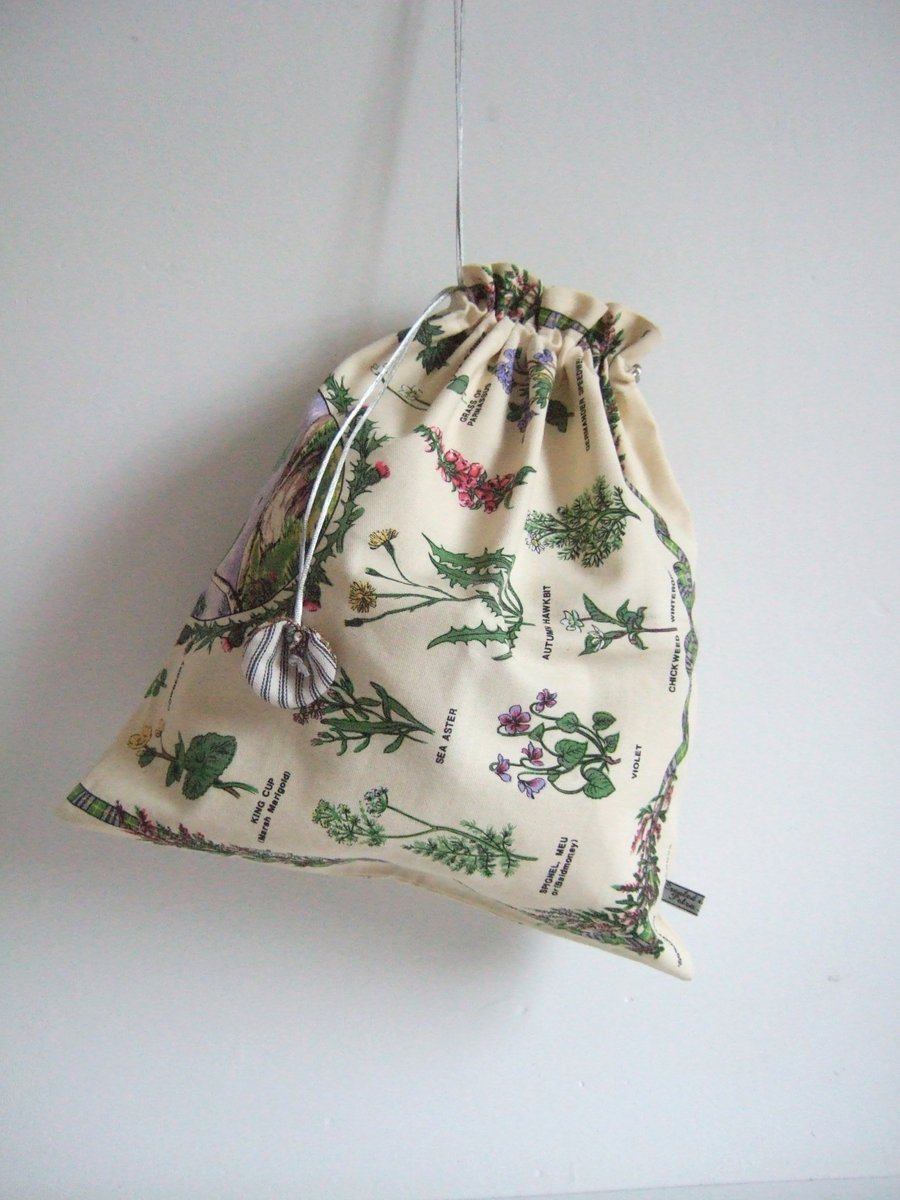 Scottish wildflowers vintage tea towel drawstring bag