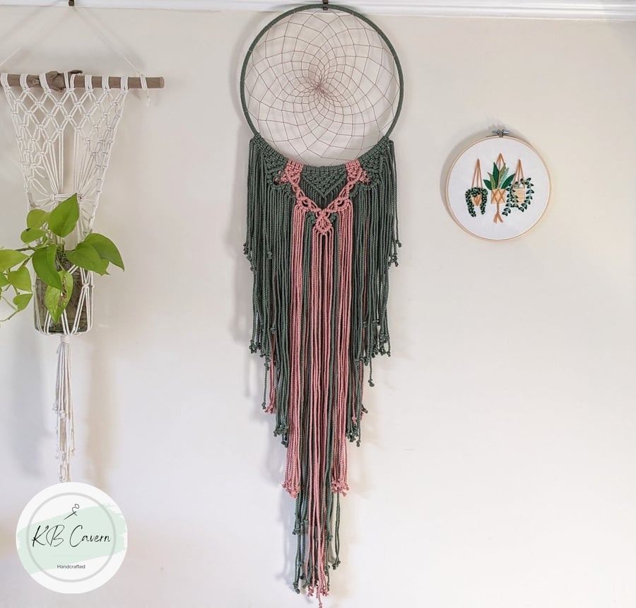 Pink and Green Long Dreamcatcher- Boho Bedroom Décor, Colourful Hippie Gifts