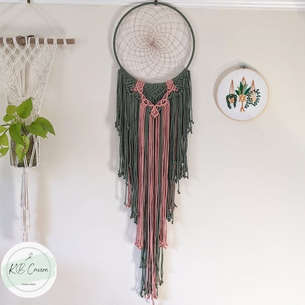 Pink and Green Long Dreamcatcher- Boho Bedroom Décor, Colourful Hippie Gifts