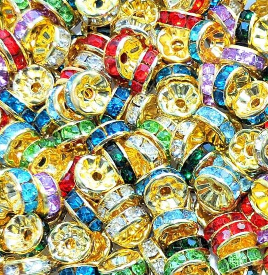 100pcs 8mm Gold Multicoloured Rhinestone Rondelle Spacer Beads 