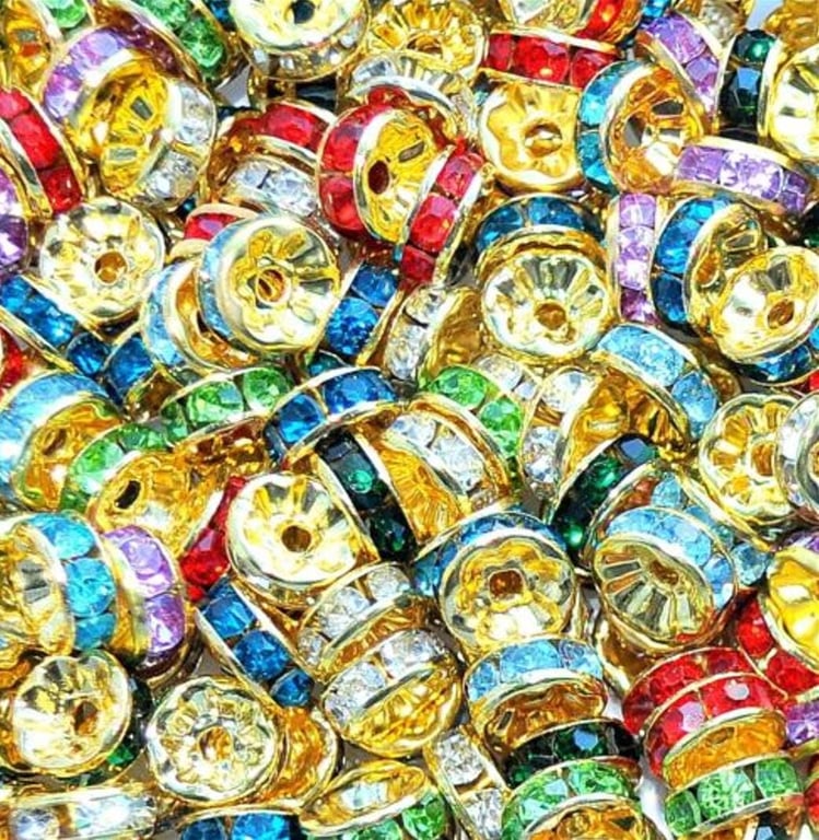 100pcs 8mm Gold Multicoloured Rhinestone Rondelle Spacer Beads 