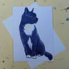 Black & White Cat Sit Blank Greeting Card From my Original Watercolour Painting