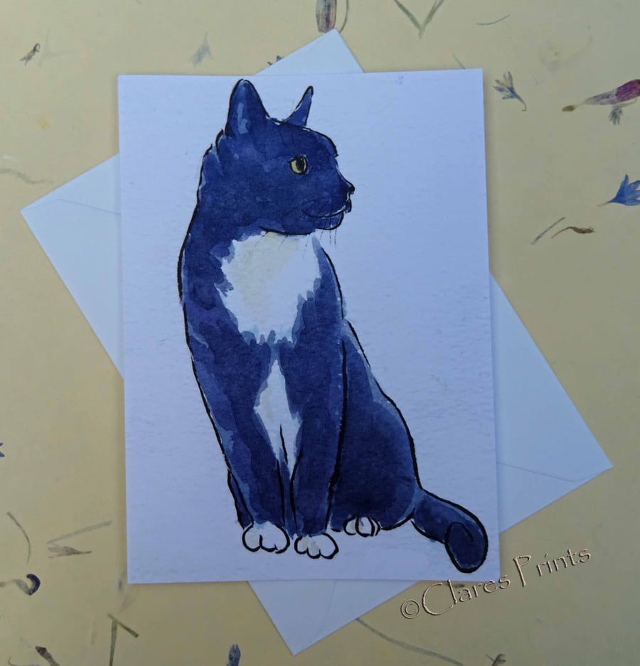 Black & White Cat Sit Blank Greeting Card From my Original Watercolour Painting