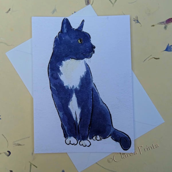 Black & White Cat Sit Blank Greeting Card From my Original Watercolour Painting